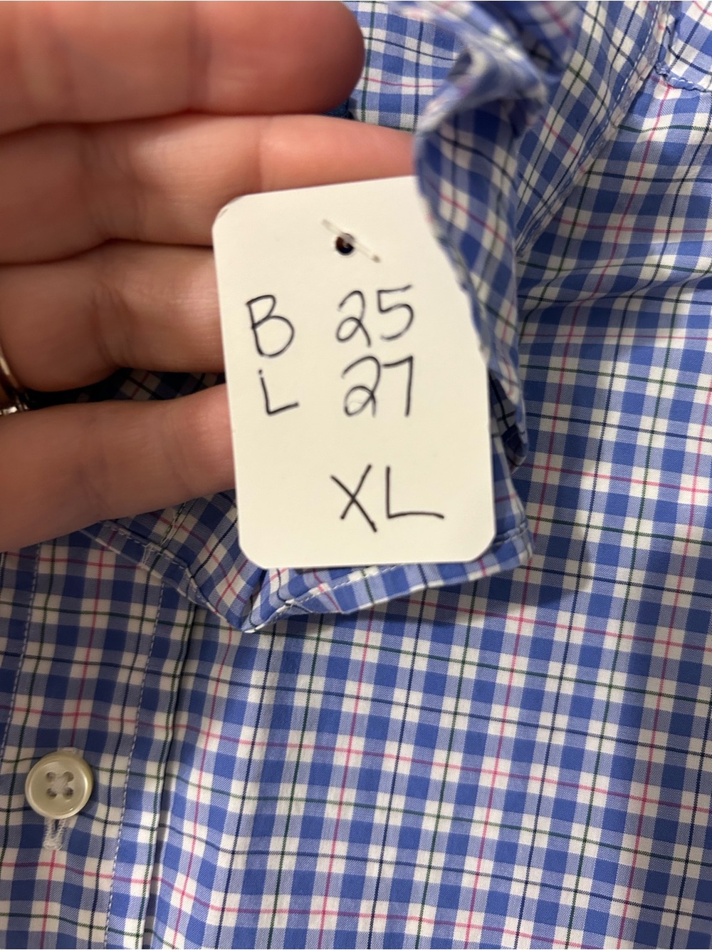 Ralph Lauren Blue Plaid Button-Down Ruffle Neck Shirt with Pink Logo - Picture 5 of 5